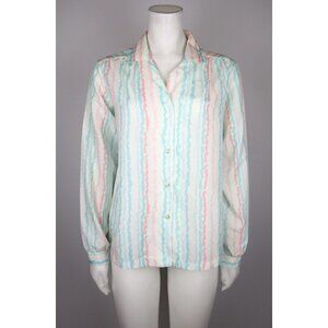 VINTAGE WOMEN'S WHITE BLUE PINK PRINT LONG SLEEVE BLOUSE - ALICIA - SIZE 10